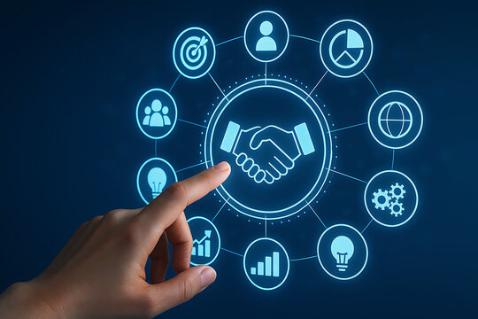 Hand pointing at digital interface showing a handshake, symbolizing partnership, collaboration, and global business growth.