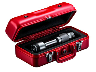 Compact automotive toolkit in rugged case, open flat to reveal socket set and torque wrench, placed on white background and isolated to transparent background