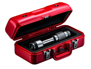 Compact automotive toolkit in rugged case, open flat to reveal socket set and torque wrench, placed on white background and isolated to transparent background