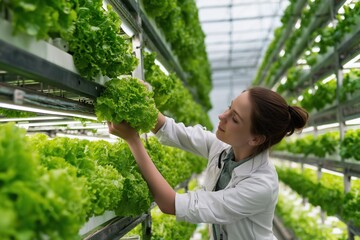 Woman checking humidity gauge while caring for lettuce in a greenhouse during daylight hours