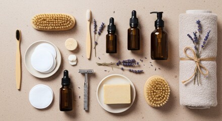 Luxurious Eco-Friendly Bathroom Essentials Flatlay Featuring Lavender, Bamboo Toothbrushes, and Natural Skincare Products