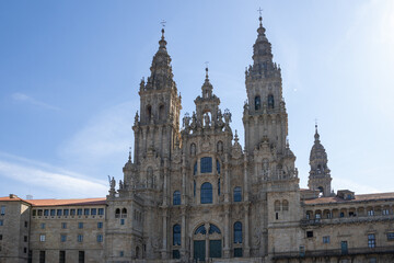 Fototapeta premium Santiago de Compostela Cathedral in Galicia, Spain, a famous pilgrimage site and UNESCO World Heritage landmark. Baroque façade and centuries-old religious significance.