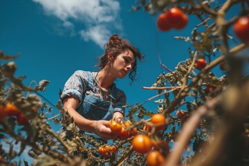 Woman harvesting ripe red tomatoes in denim overalls under a bright blue sky on a sunny day