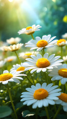 Fototapeta premium Close-up of white daisies blooming in a sunny meadow, vibrant yellow centers, green foliage, summer nature scene