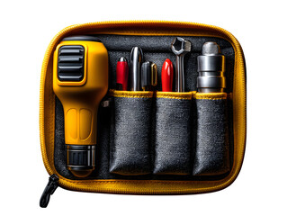 Compact fold-out home repair toolset in zippered case, each item visible in its slot, professionally lit on white background and isolated to transparent background