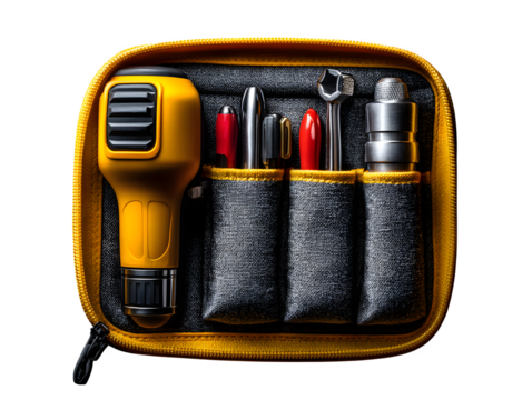 Compact fold-out home repair toolset in zippered case, each item visible in its slot, professionally lit on white background and isolated to transparent background
