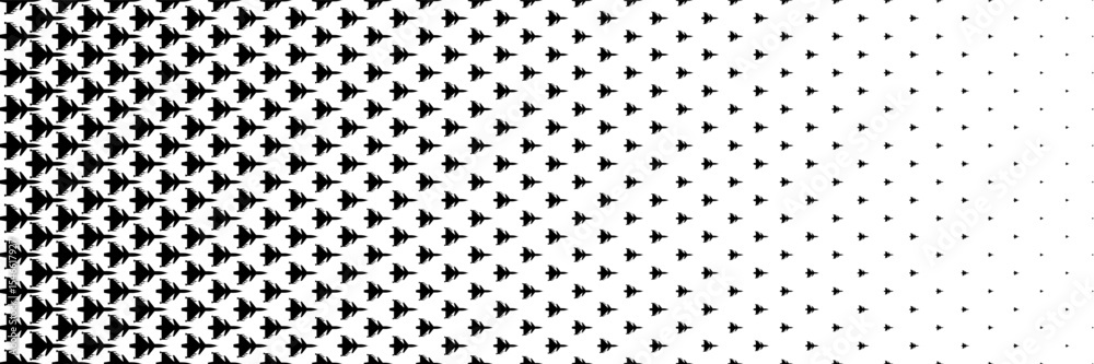 Poster horizontal halftone of black fighter jet carrying missile on white for pattern and background.