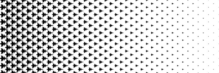 horizontal halftone of black fighter jet carrying missile on white for pattern and background.