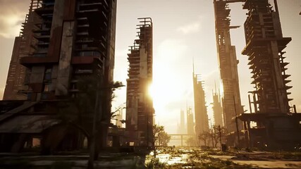 Desolate cityscape at sunrise broken skyscrapers and bare trees post apocalyptic view