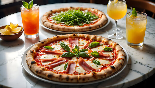 Delicious prosciutto pizza with mozzarella and basil, served with refreshing orange drinks on marble table