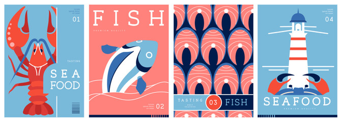 Set of flat modern magazine covers or posters with seafood. Restaurant seafood menu design. Vector illustration © annbozhko