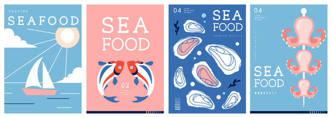 Set of flat modern magazine covers or posters with seafood. Restaurant seafood menu design. Vector illustration