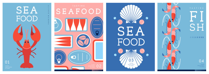 Set of flat modern magazine covers or posters with seafood. Restaurant seafood menu design. Vector illustration