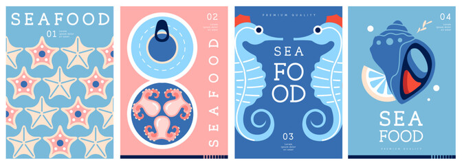 Set of flat modern magazine covers or posters with seafood. Restaurant seafood menu design. Vector illustration
