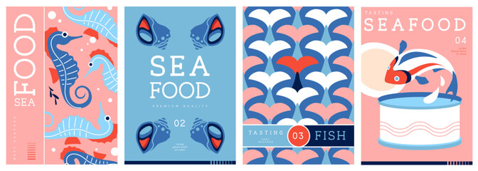 Set of flat modern magazine covers or posters with seafood. Restaurant seafood menu design. Vector illustration