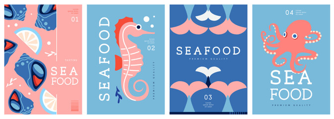 Set of flat modern magazine covers or posters with seafood. Restaurant seafood menu design. Vector illustration