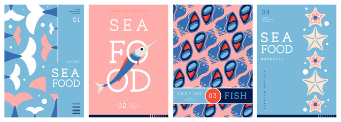 Set of flat modern magazine covers or posters with seafood. Restaurant seafood menu design. Vector illustration