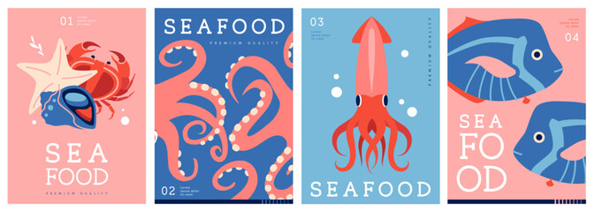 Set of flat modern magazine covers or posters with seafood. Restaurant seafood menu design. Vector illustration