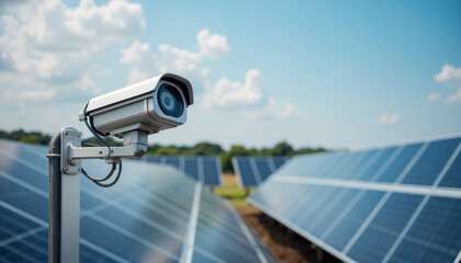 Security camera monitoring a solar farm with clear skies and renewable energy