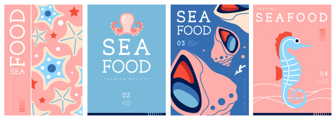 Set of flat modern magazine covers or posters with seafood. Restaurant seafood menu design. Vector illustration