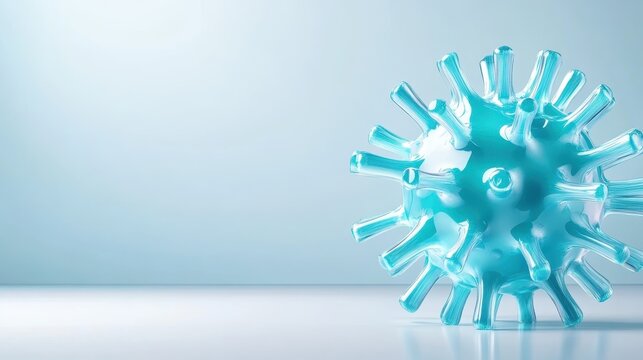 An artistic depiction of a virus cell, showcasing a three-dimensional aqua-colored structure with protruding spikes, symbolizing infection or scientific research.