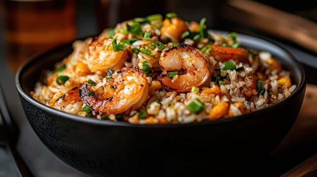 A vibrant bowl of shrimp fried rice is highlighted, featuring colorful vegetables and shrimp, evoking feelings of hunger and culinary delight for food lovers.