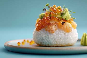 Delicate rice ball topped with seafood and garnishes showcases culinary artistry at a vibrant food setting