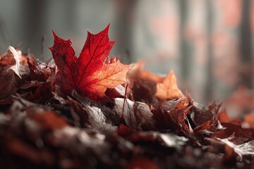 Vibrant red maple leaf stands out in a pile of autumn leaves in a serene forest setting