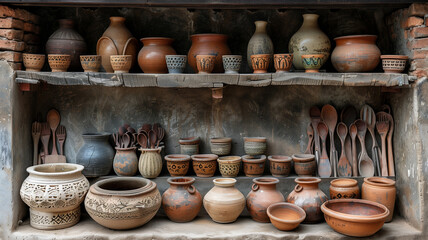  Clay Pots and Utensils Displayed in Rural Market Stall