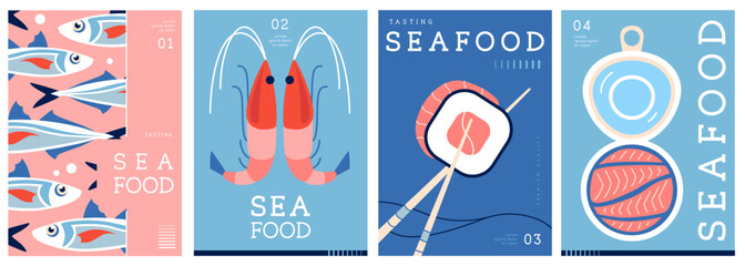 Set of flat modern magazine covers or posters with seafood. Restaurant seafood menu design. Vector illustration