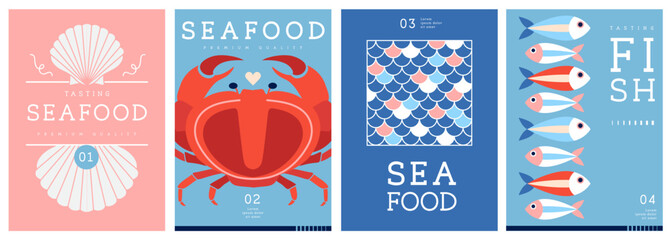 Set of flat modern magazine covers or posters with seafood. Restaurant seafood menu design. Vector illustration