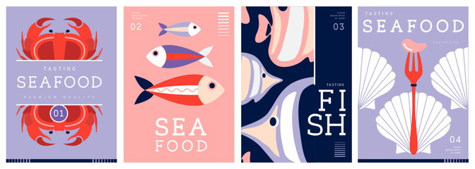 Set of flat modern magazine covers or posters with seafood. Restaurant seafood menu design. Vector illustration