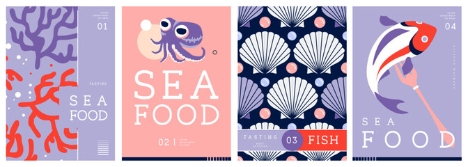 Set of flat modern magazine covers or posters with seafood. Restaurant seafood menu design. Vector illustration