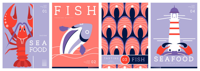 Set of flat modern magazine covers or posters with seafood. Restaurant seafood menu design. Vector illustration