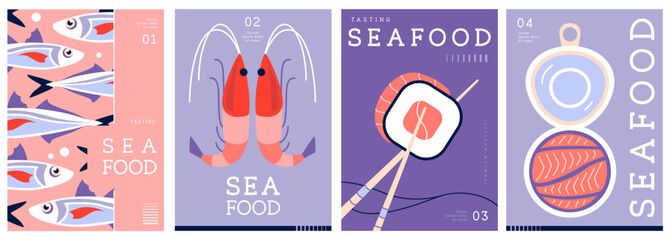 Set of flat modern magazine covers or posters with seafood. Restaurant seafood menu design. Vector illustration