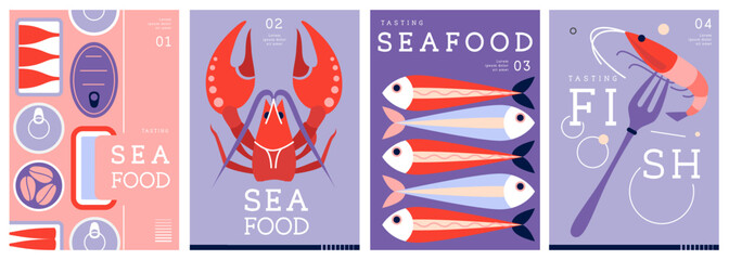 Set of flat modern magazine covers or posters with seafood. Restaurant seafood menu design. Vector illustration