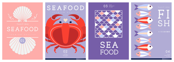 Set of flat modern magazine covers or posters with seafood. Restaurant seafood menu design. Vector illustration