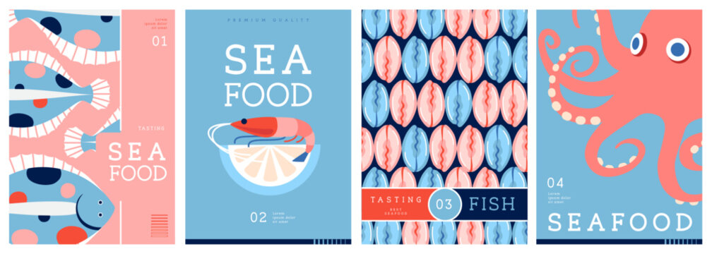 Set of flat modern magazine covers or posters with seafood. Restaurant seafood menu design. Vector illustration