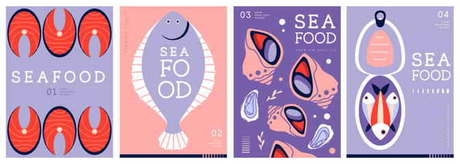 Set of flat modern magazine covers or posters with seafood. Restaurant seafood menu design. Vector illustration