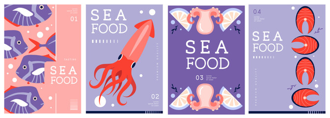 Set of flat modern magazine covers or posters with seafood. Restaurant seafood menu design. Vector illustration