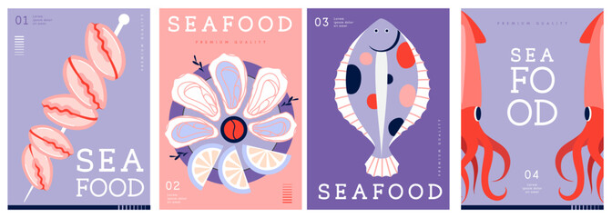 Set of flat modern magazine covers or posters with seafood. Restaurant seafood menu design. Vector illustration