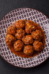 Meat, meatballs in tomato sauce, Italian food, beef or pork with salt . Meatballs with tomatoes
