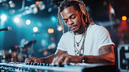 A talented musician passionately playing a keyboard on stage, surrounded by vibrant lights, capturing the energy of live music performance in an intimate setting.