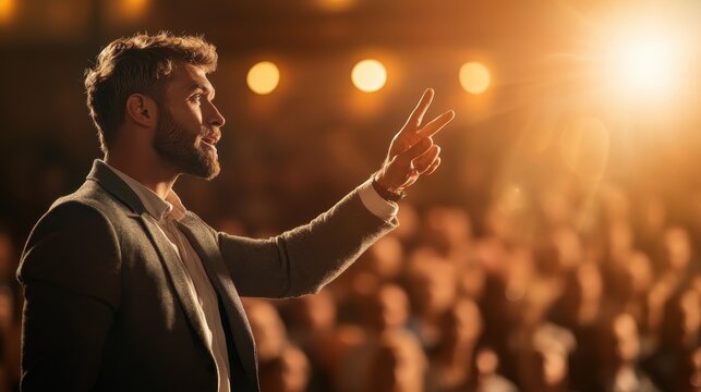 A charismatic speaker makes a point to a captivated audience in a warm-lit environment, showcasing confidence and engagement, and embodying the art of public communication.