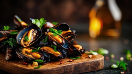 A tantalizing arrangement of cooked mussels garnished with herbs on a wooden serving board, complemented by a bottle of olive oil, showcasing a gourmet seafood dish.