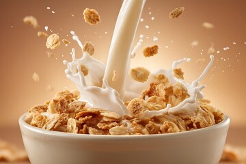 Pouring milk into cereal bowl breakfast food photography delicious meal morning snack healthy eating concept