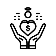 Obraz premium Charitable donation icon with hands, heart and money in a line art style in black and white represents kindness and support