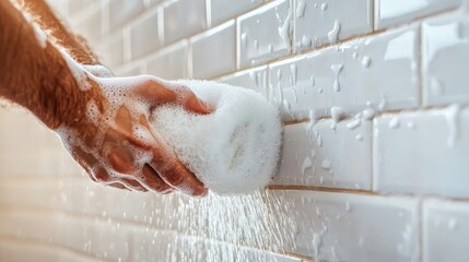 A close-up of a hand scrubbing a tile wall with soapy water, emphasizing the theme of cleanliness and care in maintaining a lovely home environment.