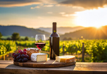 plateau de fromages et verre de vin rouge