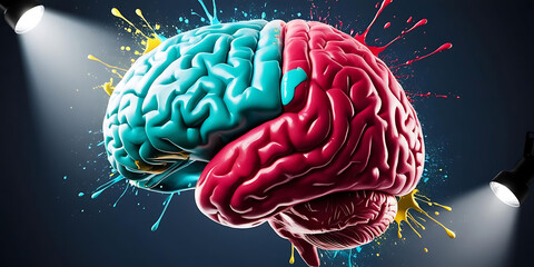 Blue and Red Brain with Paint Background

